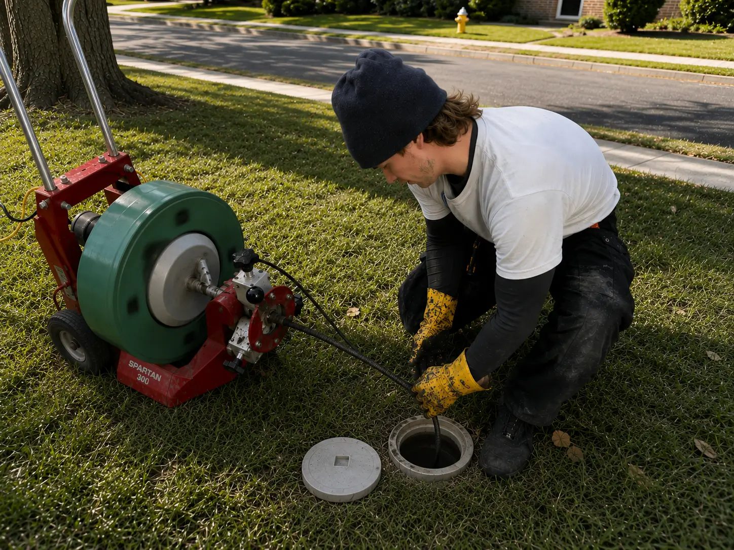 Plumbers unloading drain cleaning equipment from their service truck